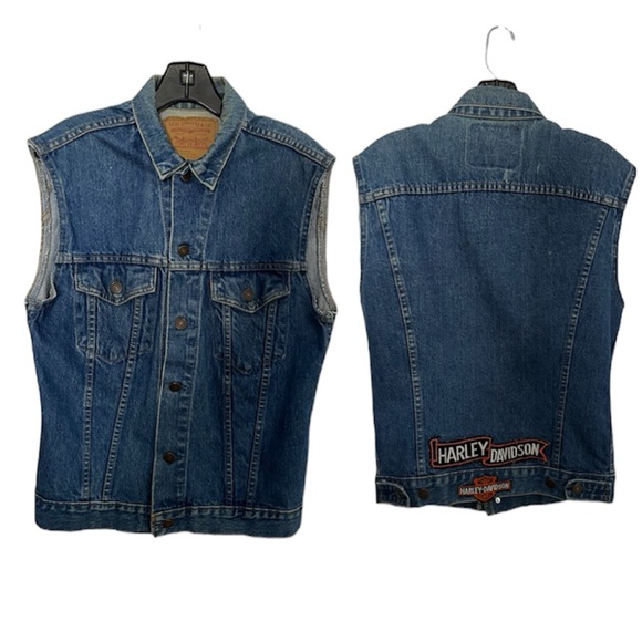 UP CYCLED VINTAGE LEVI’S VEST WITH HARLEY DAVIDSON PATCHES - Picture 2 of 10